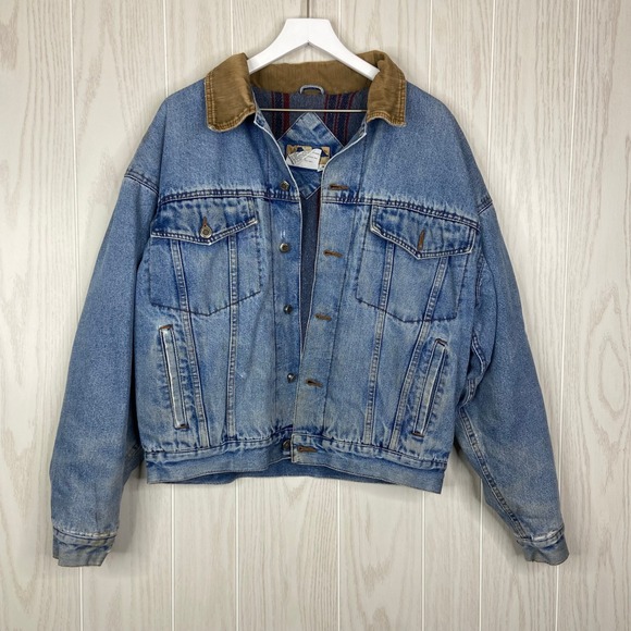Wrangler Mens Distressed Denim Jacket Corduroy Collar Vintage Workwear Size M